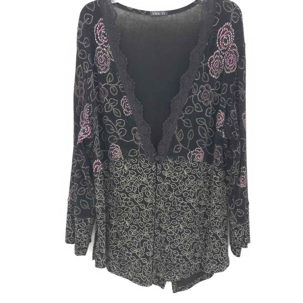 Vikki Vi Cardigan Top Women 2X Black Pink Floral Lace Trim Boho Whimsigoth